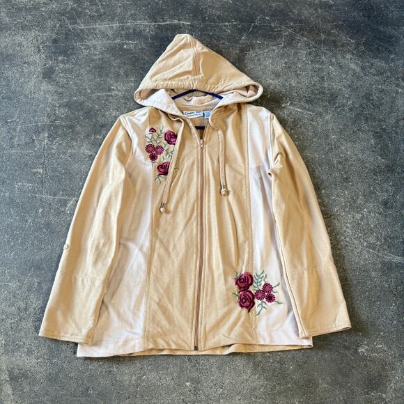 Vintage Country Store Hoodie Sweatshirt Womens M Tan Full Zip Embroidered Flower - Picture 1 of 8